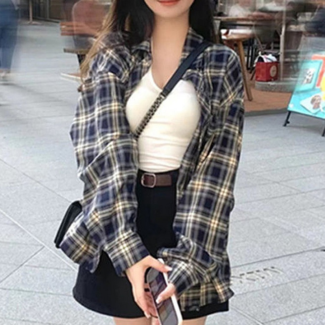 엘쏘 여성용 루즈핏 레트로 체크 셔츠