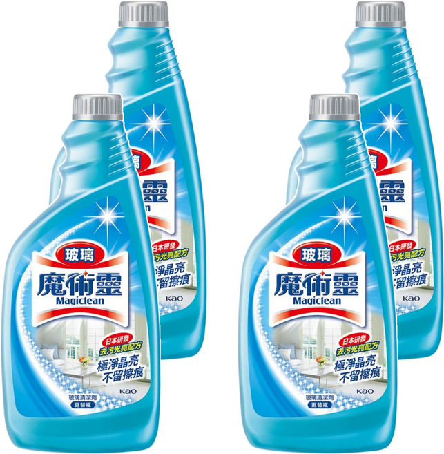 Kao 花王 Magiclean 魔術靈 台灣公司貨 玻璃清潔劑 更替瓶 檸檬香, 500ml, 4瓶