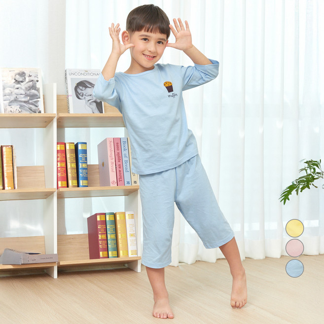 롤리트리 아동용 30수 싱글 7부 브레드 프린트 실내복 상하 세트