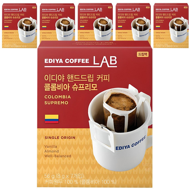 이디야커피연구소 핸드드립 콜롬비아 슈프리모 드립커피, 8g, 7개입, 6개