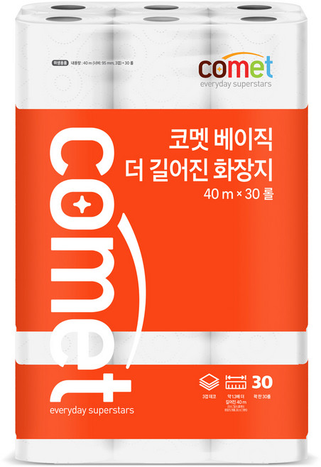코멧 베이직 더 길어진 화장지 3겹 40m, 30개입, 1개