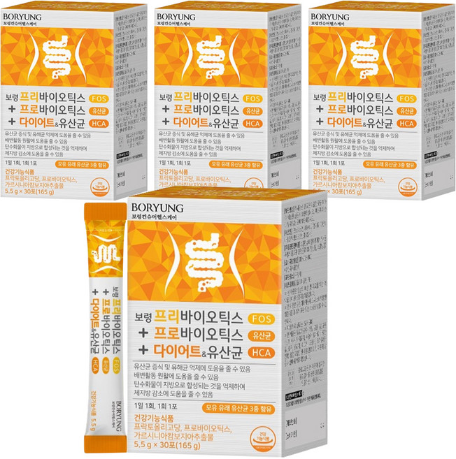 보령 프리바이오틱스 프로바이오틱스 다이어트 모유 유산균, 165g, 4개