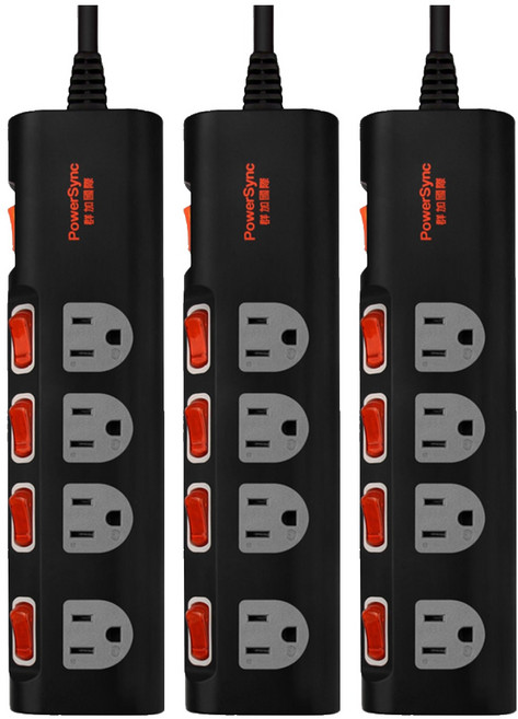 PowerSync 群加 5開4插防雷擊抗搖擺延長線 加大間距 3孔 TS4B0018, 1.8m, 黑色, 3個