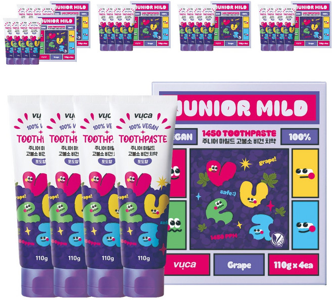 뷰카 주니어 마일드 고불소 구취케어 비건 어린이 치약 포도향, 110g, 24개