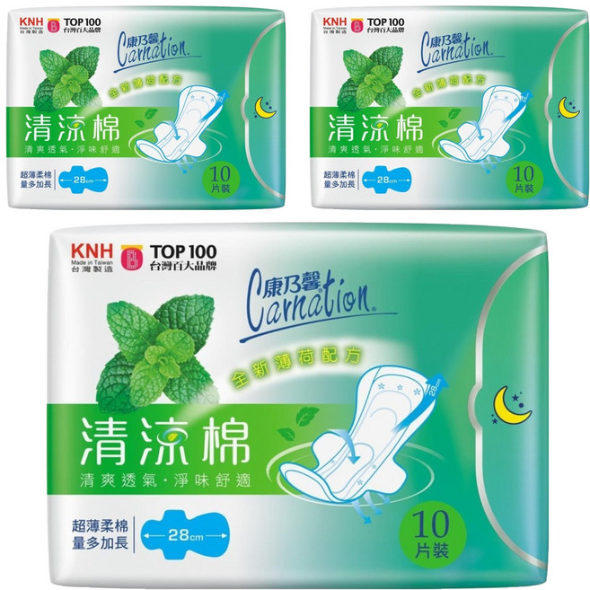 康乃馨 清涼棉衛生棉 量多加長 護翼型, 28cm, 10片, 3包