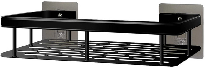 太空鋁浴室收納架 四方 帶鉤帶桿, 黑色, 1個