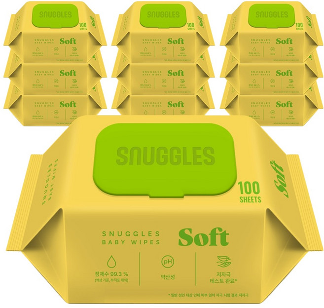 스너글스 소프트 유아용 피부 저자극 인증 아기물티슈 캡형, 10팩, 100매, 35g