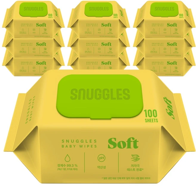 스너글스 소프트 유아용 피부 저자극 인증 아기물티슈 캡형, 10팩, 100매, 35g - 쿠팡