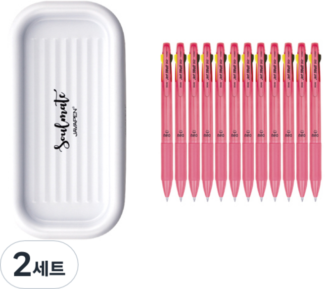 자바펜 제트 3볼 Biz 네오 0.7 유성 흑 + 적 + 0.5 형광 펜 12p + 펜트레이 세트, 핑크(펜), 랜덤발송(트레이), 2세트