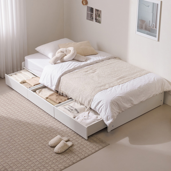 수오 국내생산 하루 무헤드 1단 3서랍 수납 침대 프레임 단품 방문설치, 화이트