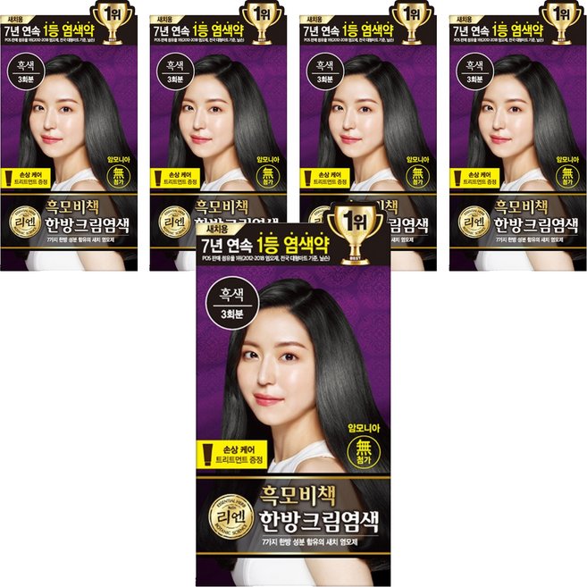 리엔 흑모비책 한방 크림 새치 염색제, 흑색, 5개