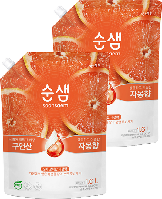 순샘 구연산 자몽향 주방세제 리필, 1.6L, 2개