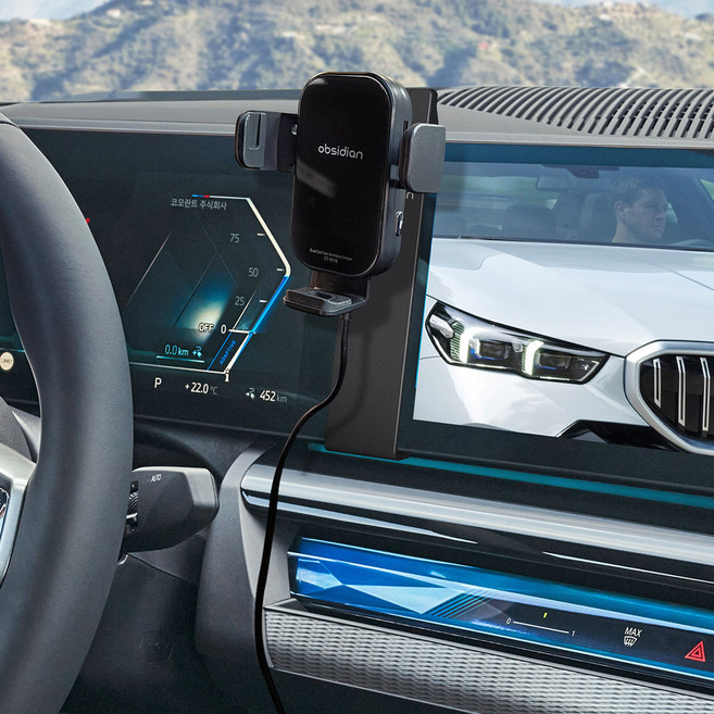 옵시디언 BMW 커브드 디스플레이 전용 듀얼코일 핸드폰 고속 무선충전 거치대, 블랙, CT-W16E_B+CT-HCB03