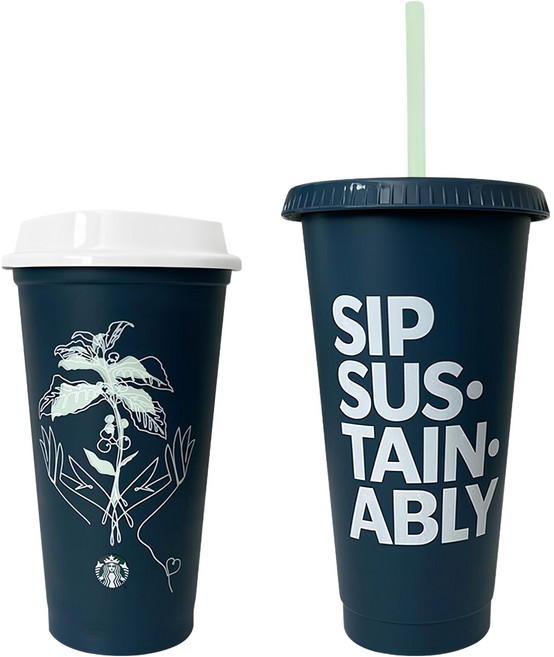 STARBUCKS 星巴克 文字圖案環保冷飲杯 附吸管710ml+熱飲杯473ml, 深藍色, 1組, 710ml+ 473ml