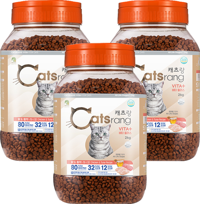캐츠랑 전연령 고양이 비타플러스 건식사료, 닭+참치, 2kg, 3개
