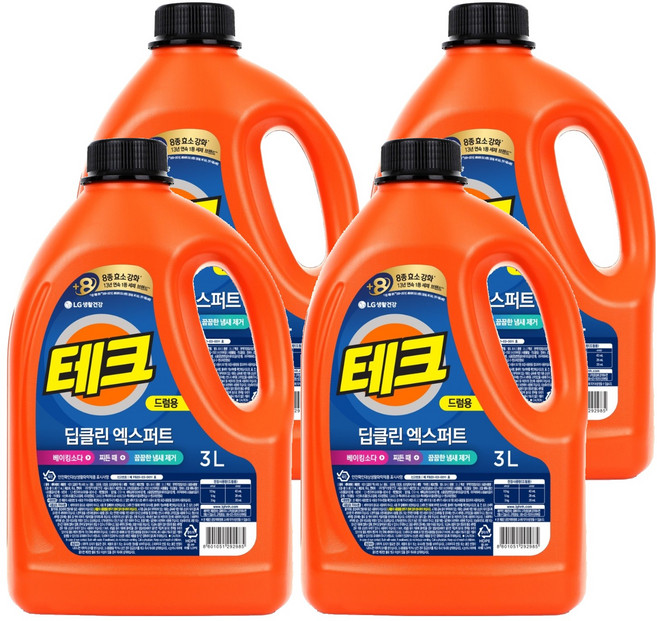 테크 딥클린 엑스퍼트 뉴 실내건조 액체세제 드럼 용기, 3L, 4개