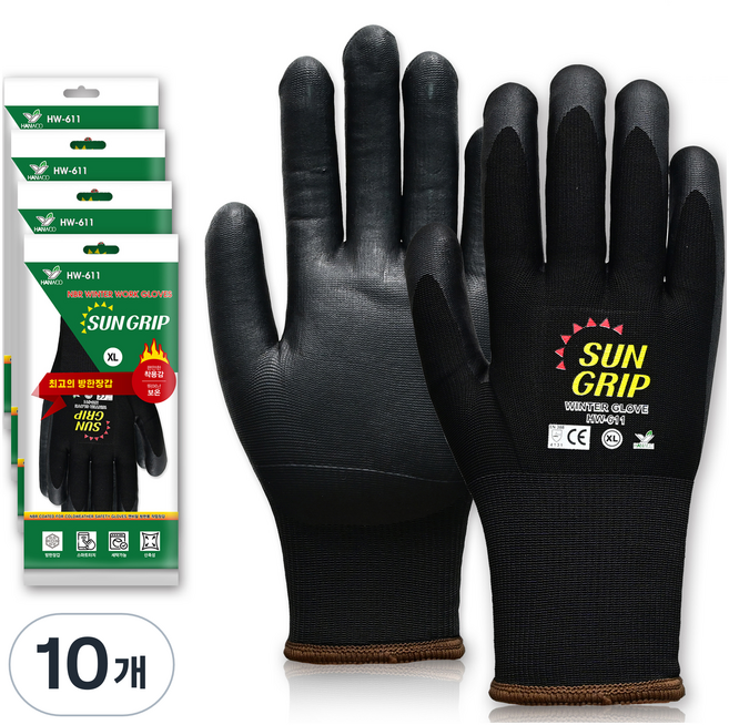 한우 썬그립 NBR 코팅 겨울 방한 기모 안전장갑, 검정색, 10개