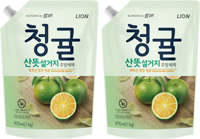 참그린 청귤 산뜻 설거지 주방세제 리필, 970ml, 2개