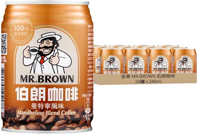 金車 MR.BROWN 伯朗咖啡 曼特寧風味, 240ml, 24罐