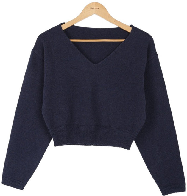 빼빼 여성용 깊은 브이넥 세미크롭 니트 티셔츠