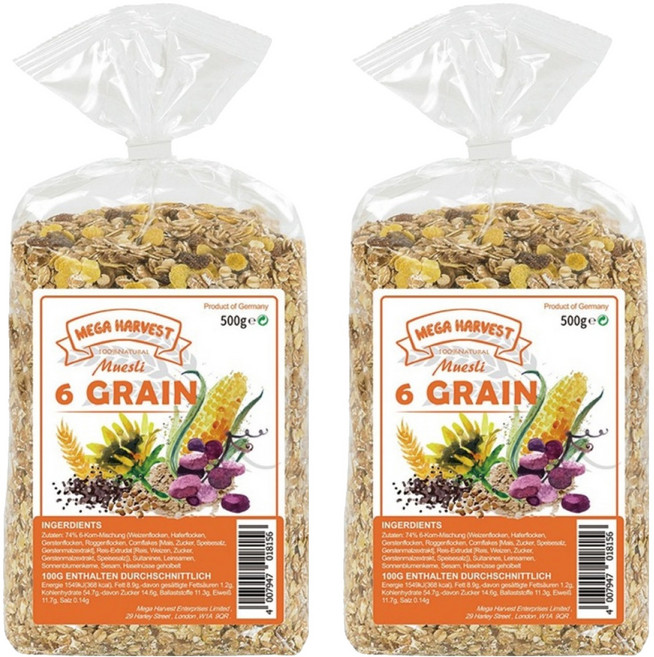 MEGA HARVEST 德國什錦穀片 6 Grain 整顆穀粒切片 無化學添加, 500g, 2包