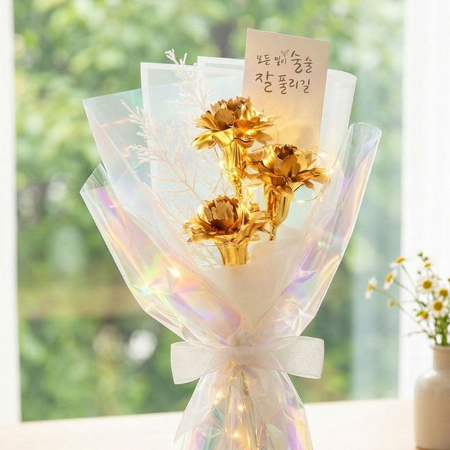 이플린 조화 LED 카네이션 꽃다발 + 쇼핑백, 금, 1개