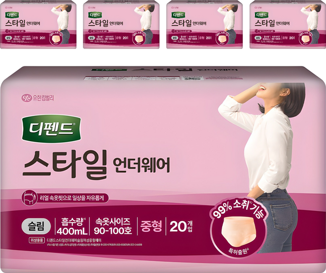 디펜드 여성용 스타일 언더웨어 성인기저귀 슬림, 중형, 20개입, 5개