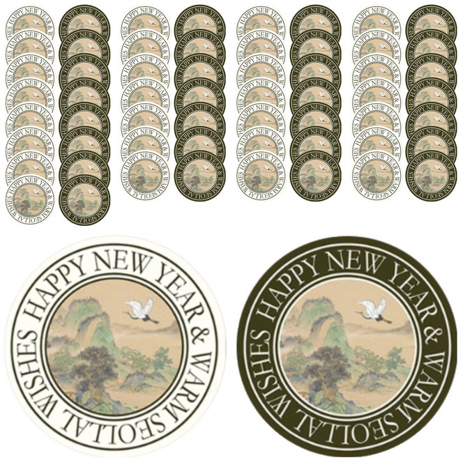 베스트팩 수묵화 두루미 원형 스티커 화이트 30p + 다트 30p 세트, 혼합색상, 1세트