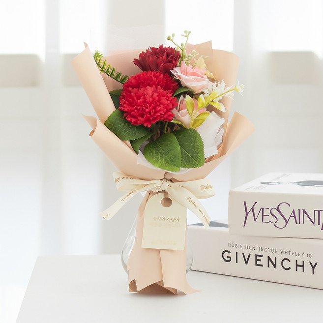 아스파시아 블링 카네이션 꽃다발 비누꽃 3p + 메세지픽 + 쇼핑백 세트, 레드, 1세트