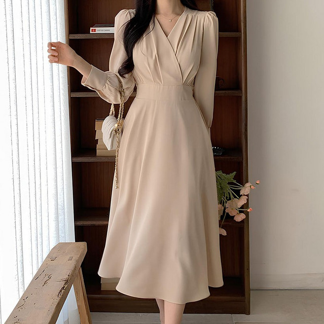 페이퍼먼츠 페미닌 랩브이넥 퍼프 플레어 원피스 23175