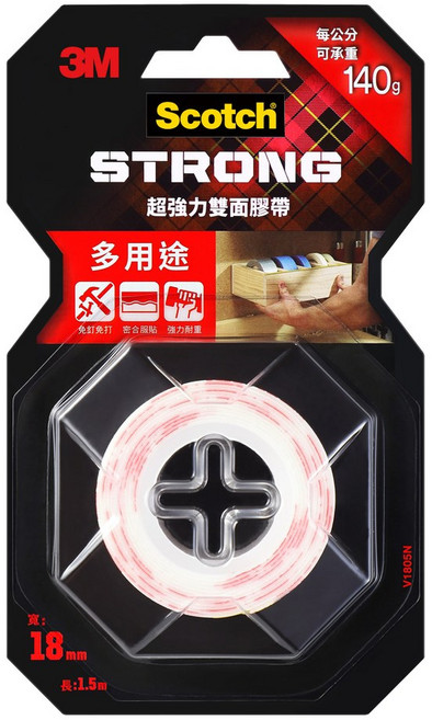 3M Scotch 超強力雙面膠帶 多用途 V1805N 18mm x 1.5m, 紅色, 1捲
