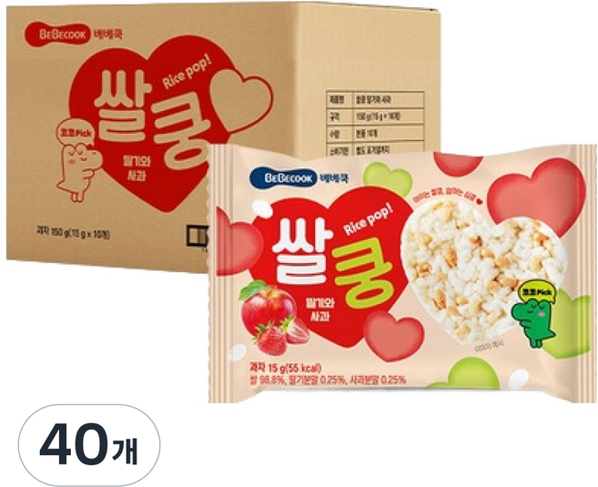 베베쿡 쌀쿵 과자, 혼합맛(딸기/사과), 15g, 40개