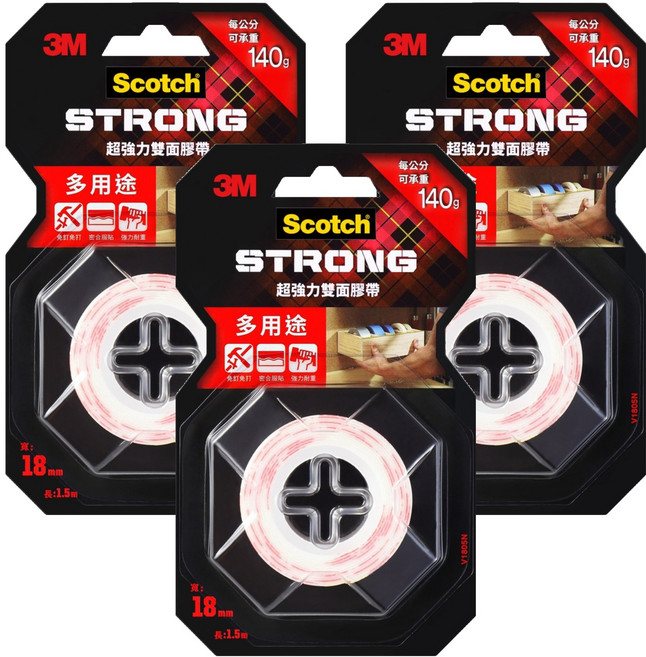 3M Scotch 超強力雙面膠帶 多用途 V1805N 18mm x 1.5m, 紅色, 3捲