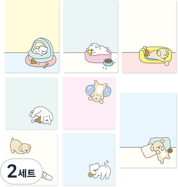 크리스탈팬시 댕댕이 떡메모지 정사각 4종 + 직사각 4종 세트, 치킨, 베개, 슬리퍼, 공놀이(정사각), 옐로우, 민트, 베이지, 스카이(직사각), 2세트
