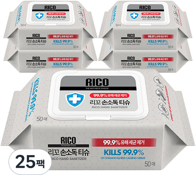 리꼬 손소독 물티슈 캡형, 1670g, 50매, 25개