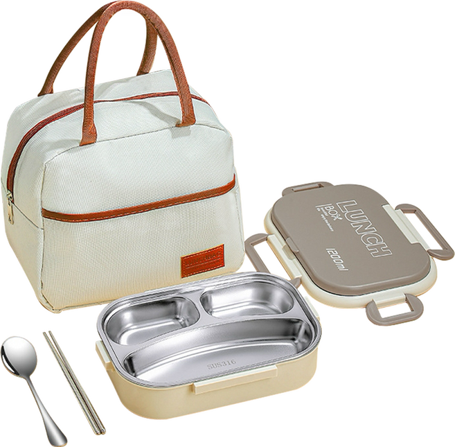 日系316不鏽鋼保溫便當盒 素面款 3格 附餐具 + 保溫袋, 1套, 卡其色