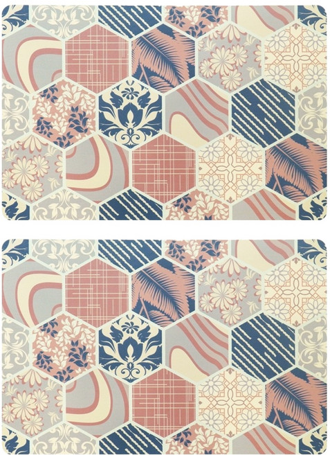 北歐風皮革防水餐桌墊, 45.5 x 30.5cm, 日式復古六角磚 粉色 + 藍色 + 米色, 2個