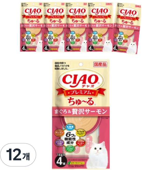 챠오츄르 고양이 프리미엄 짜먹는 간식 4p, 혼합맛(참치/제이타크 연어), 56g, 12개