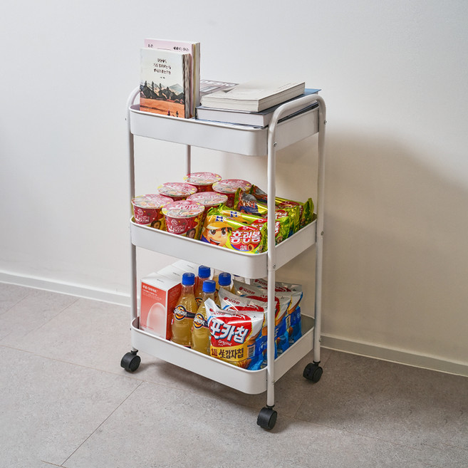 엠디유마켓 프리미엄 이동식 철제 트롤리, 화이트, 3단