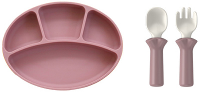 블루마마 모두얌 실리콘 스푼 + 포크 + 흡착식판 + 스푼포크 케이스, 핑크, 1세트