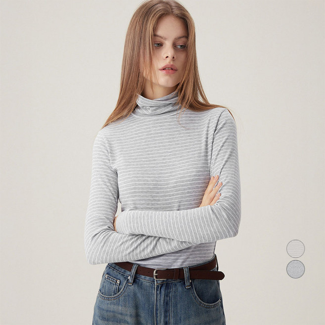 ELLEPARIS 여성용 스트라이프 터틀넥 립 티셔츠