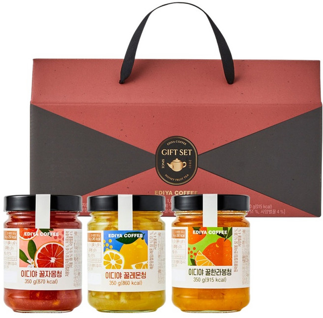 EDIYA COFFEE 蜂蜜水果醬禮盒, 2個, 蜂蜜檸檬果醬 350g + 蜂蜜葡萄柚果醬 350g + 蜂蜜漢拏峰果醬 350g
