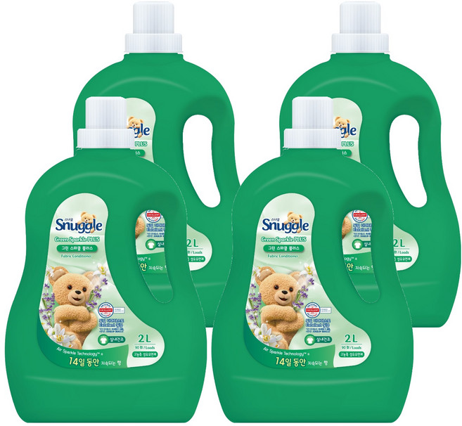 스너글 섬유유연제 그린스파클 플러스 본품, 2L, 4개