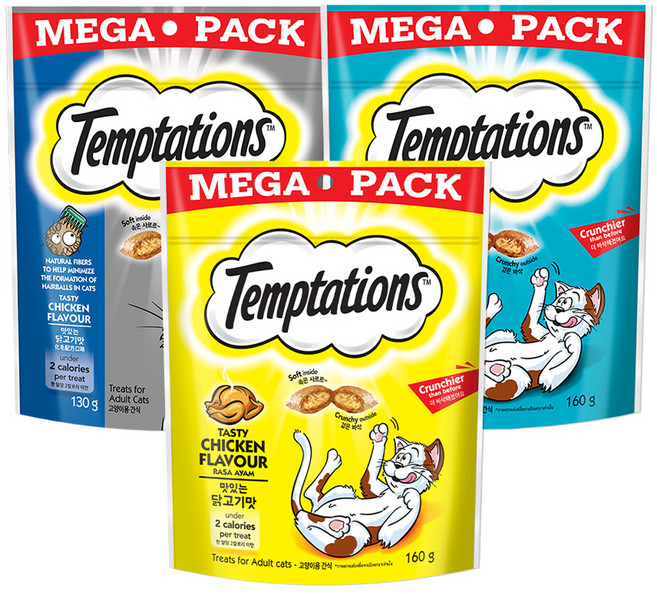 템테이션 메가팩 고양이 간식 3종 세트, 맛있는 닭고기맛+고소한 참치맛+헤어볼 컨트롤, 1세트, 450g