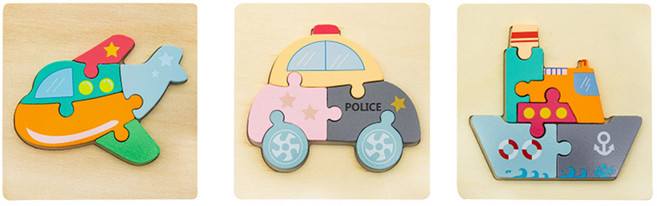 OhBabyLaugh 寶寶3D立體卡扣拼圖3件禮盒組 飛機 + 警車 + 輪船, 1組