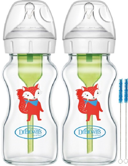 닥터브라운 폭스 와이드넥 유리 젖병 2단계, 혼합색상, 270ml, 2개