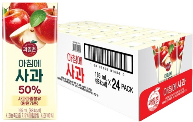 해태htb 과일촌 아침에 사과 주스, 195ml, 24개