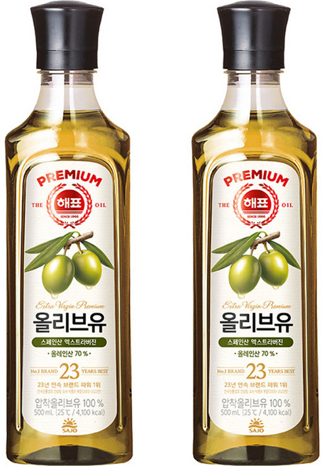 해표 압착 올리브유, 500ml, 2개