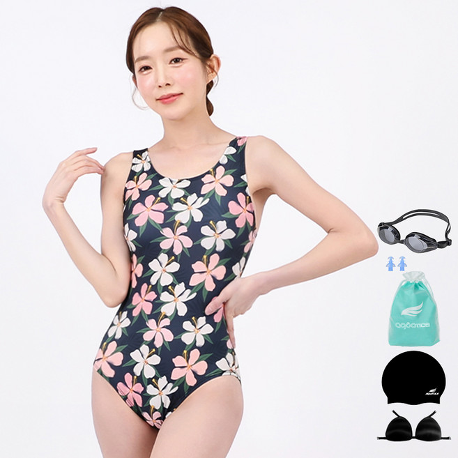 아쿠아티카 여성용 실내 원피스 수영복 AQA1642 + 일반용 수경 + 언더브라 + 실리콘 수모 + 실리콘 귀마개 + 비닐백 세트