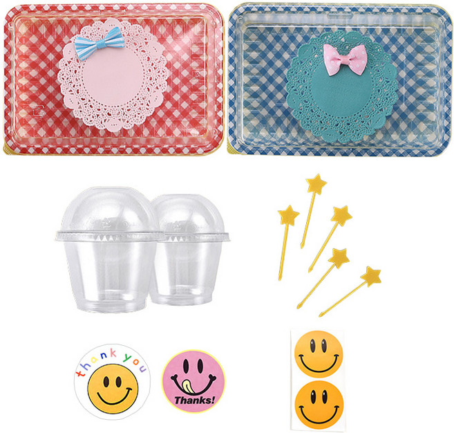 써니엔조이 도시락 용기 패키지, 1세트, 도시락 용기(레드 + 블루) 2P +  디저트 용기 260ml 2P + 데코픽 별 5ea